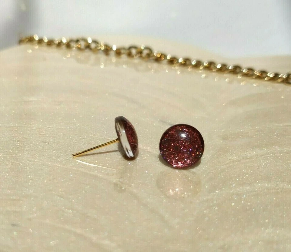 Ohrstecker Cabochon Rot Kupfer Glas Handgemacht Ohrringe Nickelfrei Glitzer 86 - Bild 4 von 4