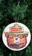 (3) SET OF 3 ASPEN WOOD ORNAMENTS (3" DIAMETER) SMOKEY BEAR FOREST SERVICE SIGN