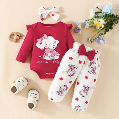 3PCS Newborn Baby Girls Elephant Romper Tops Pants Headband Outfit Set Clothes - Picture 3 of 17