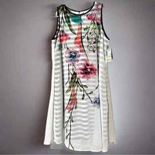 Gabby Skye size 10 womens sleeveless black white striped floral overlay dress