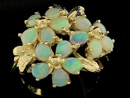 R192 Genuine 9K Gold Natural Solid Australian Opal FLower Blossom Bouquet Ring - Picture 2 of 6