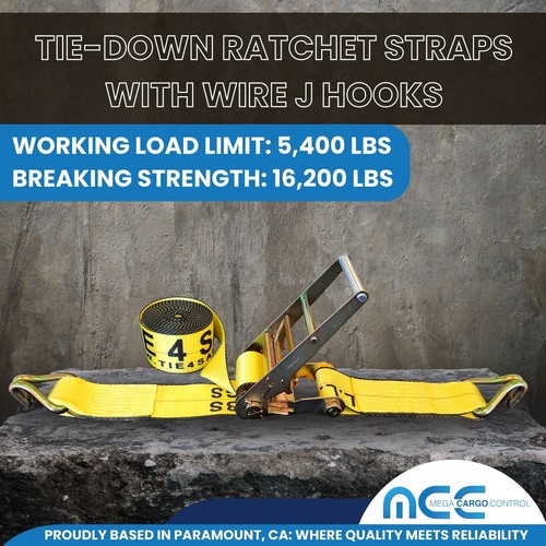 Paquete de 4 correas de amarre de trinquete de alta resistencia de 3" x 30' con gancho en J WLL 5400 LBS AMARILLO - Imagen 2 de 7