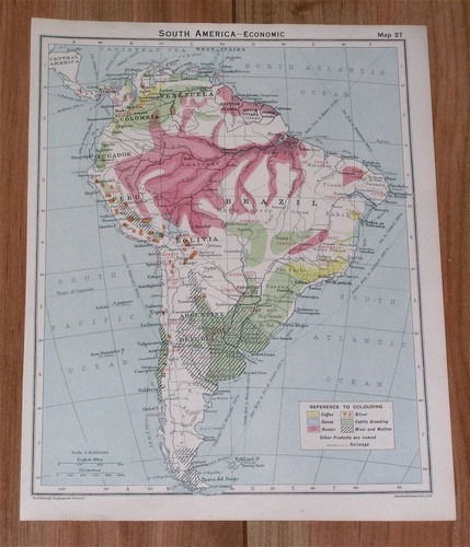 1928 CARTE ÉCONOMIQUE VINTAGE DE L'AMÉRIQUE DU SUD CLIMAT ARGENTINE BRÉSIL CHILI PÉROU  - Photo 1/3