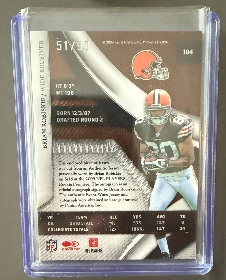 Brian Robiskie 2009 panini playoff national treasures rookie Auto patch /99 - Image 2 of 2
