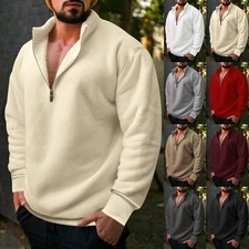Men Fleece Long Sleeve Tops Pullover Zip V Neck Loose Jumper Sweater Winter  MLXL