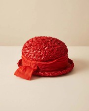 1960s Red Raffia Cloche Hat Vintage Textured Straw Bucket Hat Satin Ribbon