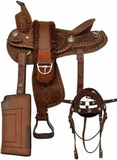 Brown Western Barrel Racing Equestrian Trail Horse Synthetic Saddle With Girth.