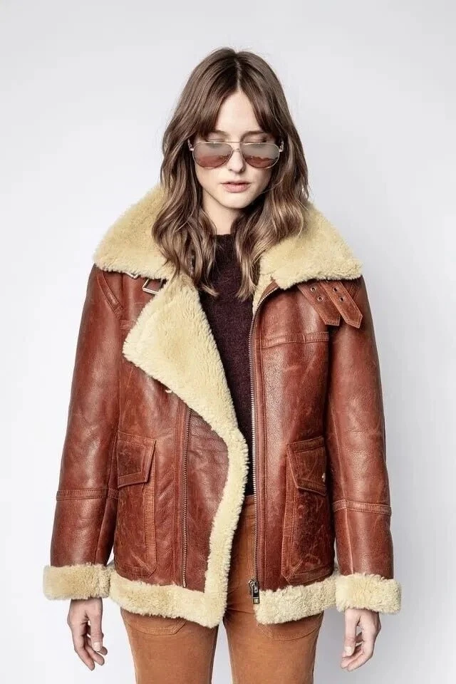 Women's Vintage Distressed Brown Sheep Leather Jacket Bomber Aviator Fur Coat