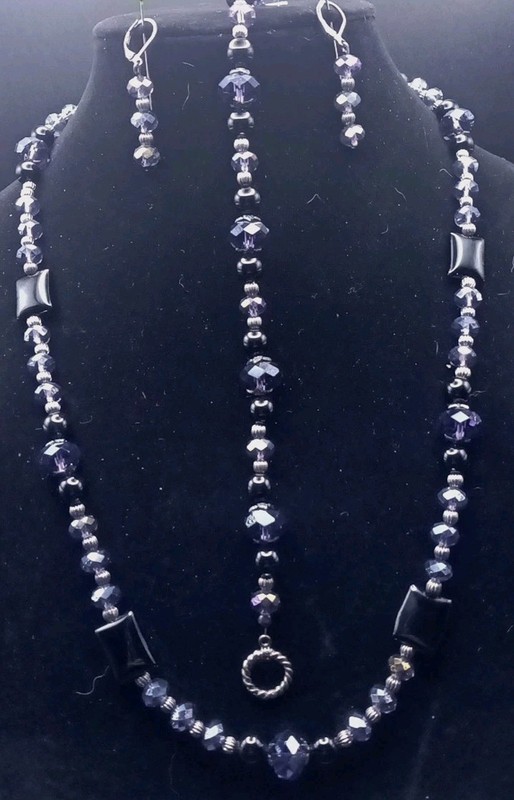 Beautiful Handcrafted Set Black Jet &  Dark Purple Fire Polished Crystals 26"&9"