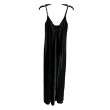 Black Satin Lace Trim Maxi Slip Dress Adjustable Straps V-Neck Nightgown L