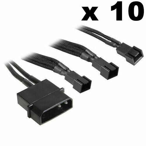 10 x 20cm 4-pin male to 3 x male 3-pin Fan Adapter Braided Cable Sleeved