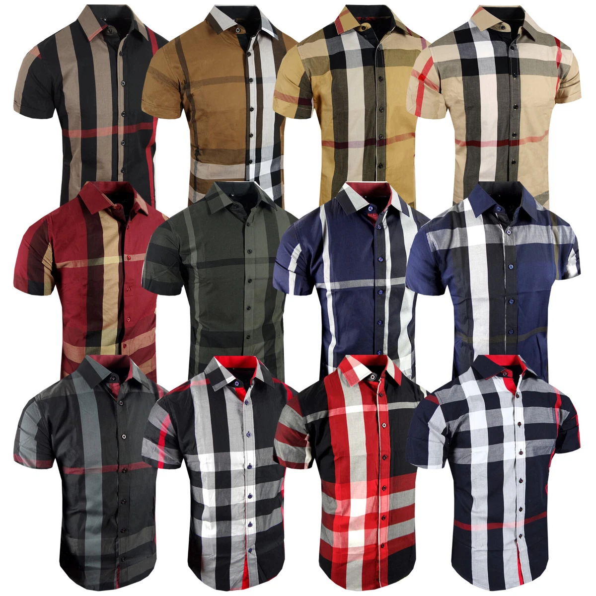 Mens Plaid Shirt Designer Short Sleeve Engineered Stripe Stretch Button Up  Dress