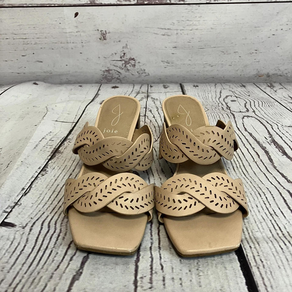 Сандалии-слайды женские JOIE Society размер 7 М желтовато-коричневые квадратный носок блочный каблук лазерная резка - Изображение 2 из 4