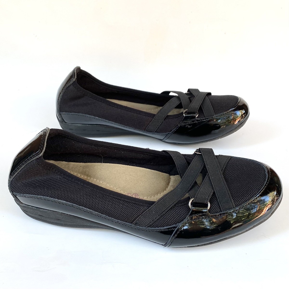 Earth Spirit Black Patent Leather Slip On Cross Strap GelRon Size