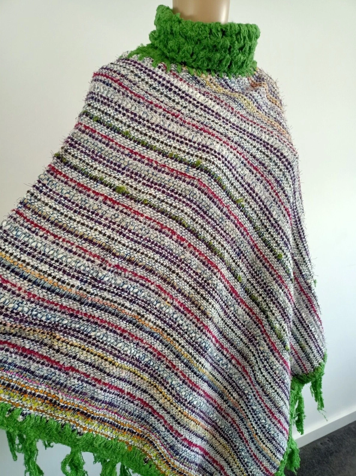 Women's Poncho Wool Blend Free Size Fringed Boho Pullover Cape Fits 8-16