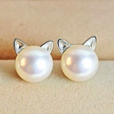 Aretes Perla Gatito Gato, Linda Cara de Gato con Orejas Redondas Regalo, Plata, Blanco