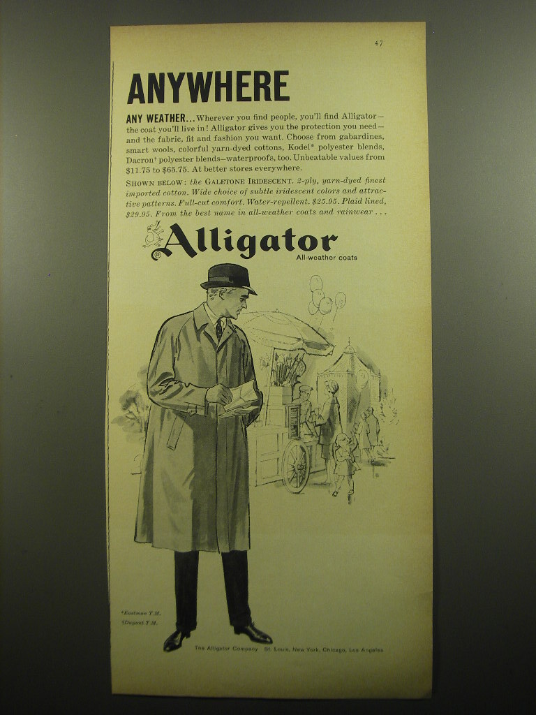 1960 Alligator Galetone Iridescent Coat Ad - Anywhere any 1960 Alligator Galetone Iridescent Coat Ad - Anywhere any