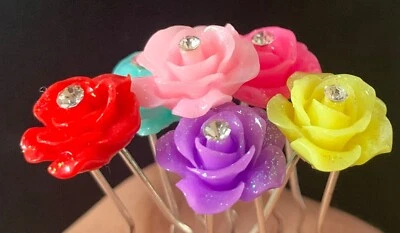 Rose Flower hair pin Diamante Glitter hair clip wedding bridal party 10 pins set