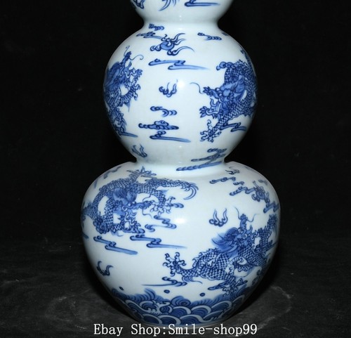 13.3" Kangxi Dynasty Blue White Porcelain Dragon Beast Animal Gourd Bottle Vase - Picture 9 of 12