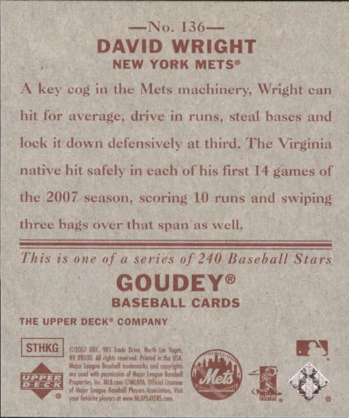 2007 Upper Deck Goudey Red Backs #136 David Wright - BB - Image 2 of 2