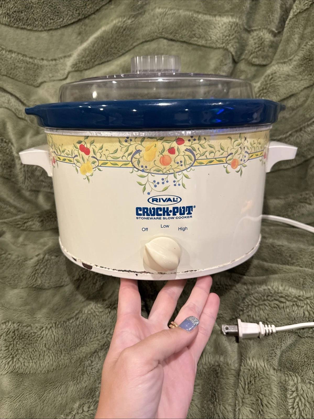 Vintage Rival 5 Qt Crock-Pot Slow Cooker Blue Insert w/Glass Lid No. 3355 Fruit
