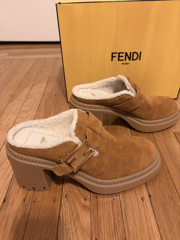 NWT 100% Authentic FENDI Shearling Buckled Heels Slip Ons Clogs Suede Leather 40