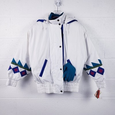 Vintage London Fog Puffer Jacket White Geometric Down Zip-Out Liner Size Small