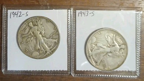 2 Walking Liberty 1/2 Dollars 1942-S & 1943-S 90% Silver Constitutional Junk AG