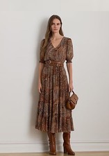 $225 Lauren Ralph Lauren Women's Paisley Belted Crinkle Georgette Dress Size 6