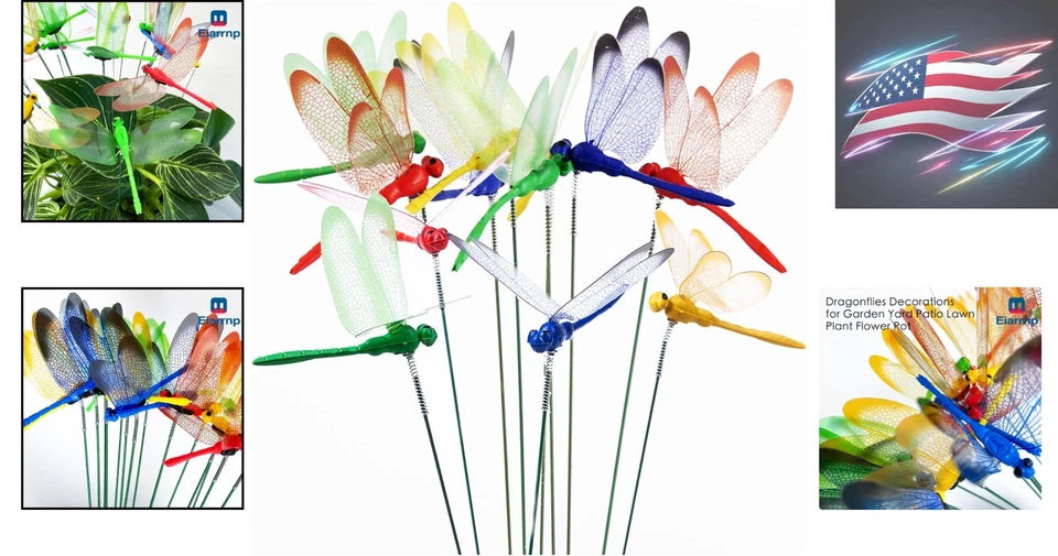 Set of 12 3D Decorative Dragonfly Garden Stakes - Whimsical Art Deco Charm - Image 2 of 4