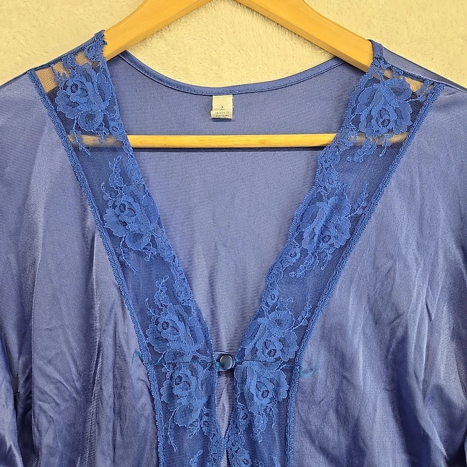 Vtg 1940s Satin Peignoir Gown Robe Lg Blue Nightgown Antique Boudoir Nancy King - Image 4 of 4