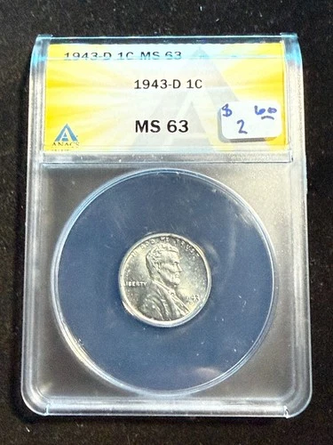 1943 D LINCOLN WHEAT STEEL CENT ANACS MS 63 127
