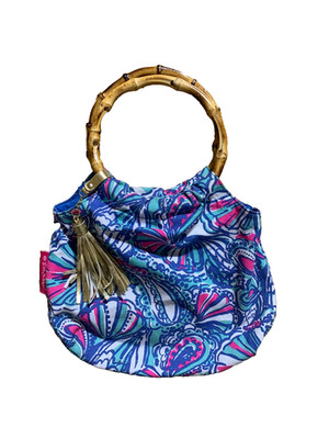 Lilly Pulitzer Bamboo Handle Bag Aegean Navy Coastal Floral Tropical NWOT Purse