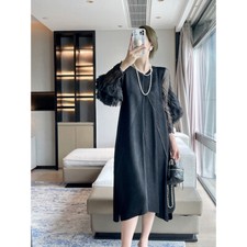 Women Fashion Black Elegant Puff Sleeve Dress Loose Mid Length Dress Gown