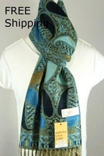 Women's Pashmina Scarf Shawl,Paisley Black Turquoise Silk Cashmere~Soft.029