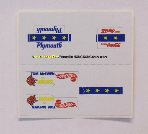 Hot Wheels Redline MONGOOSE FUNNY CAR BLISTER PACK CARD INSERT STICKER SET