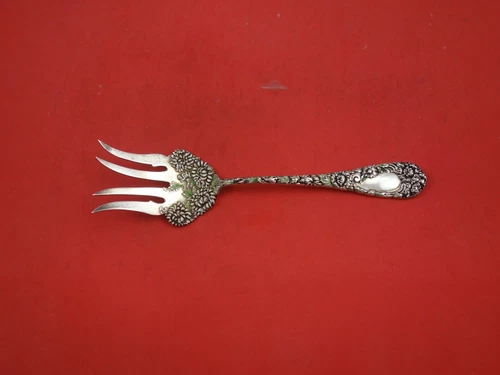 Chrysanthemum by Durgin Sterling Silver Beef Fork with White Green Enamel 7 1/2"