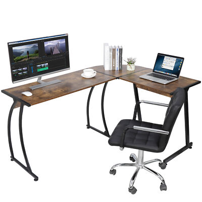 L Shaped Desk Corner Computer Gaming Laptop Table Workstation Home Office Brown