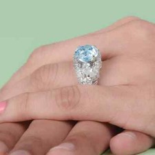 Perfect Round Cut Aquamarine With Multi Shape Clear CZ Engagement Bridal Ring