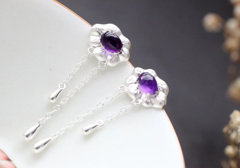 B06 Orecchini Spina Lilla Ametista Fiore Nappe Argento Sterling 925 - Immagine 2 di 4