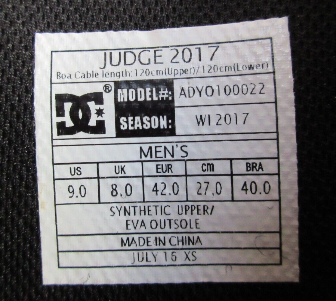 DC Judge 2017 Double Boa Men's Snowboard Boots Size US 9
