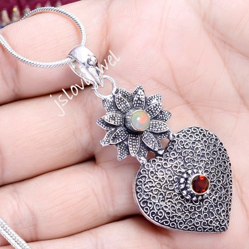 Collier Pendentif Cœur En Argent Avec Incrustation Opale De Feu Et Cz - Taille 6,5-7,5 Cm, Neuf Sans Emballage