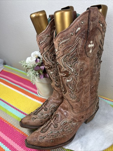 Botas occidentales Corral C2853 Distress de cuero de vaca marrón con tachuelas cruzadas para mujer 10,5 E - Imagen 3 de 13
