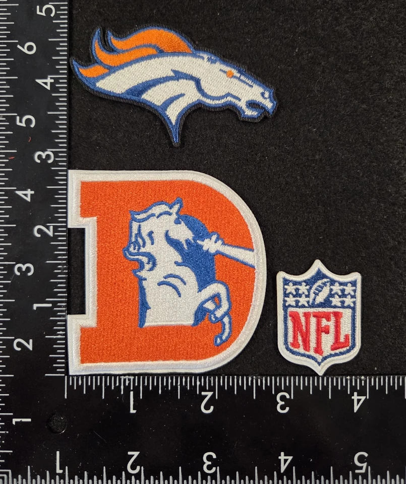 DENVER BRONCOS SET OF 3 NFL FOOTBALL IRON ON PATCHES SEE PHOTO/ RULER - Image 1 of 1