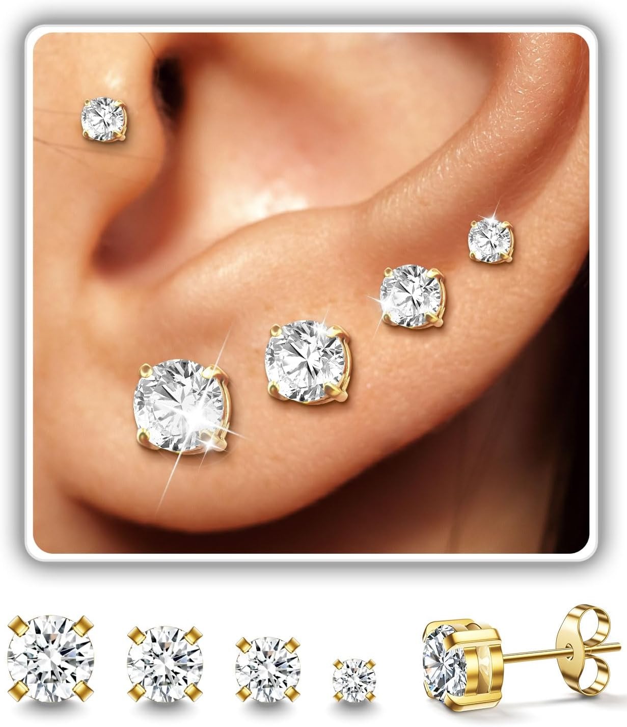 Stud Earrings for Women Men, Hypoallergenic Women's 14K Gold Plated 316L-image