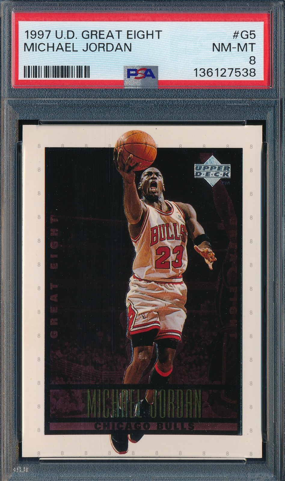 MICHAEL JORDAN 1997-98 UPPER DECK GREAT EIGHT #/800 PSA 8 INSERT CARD #G5!