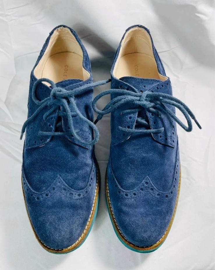 Cole Haan Women’s Lunargrand Blue Suede Wingtip Loafers Shoes Size 7