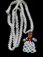Vintage Native American Seed Bead Blue Kachina Doll Pendant 24" Necklace