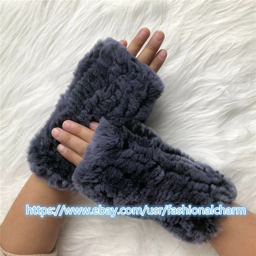 Womens Winter Real Rabbit Fur Gloves Knitted Stretch Fingerless Mitten Gloves - Picture 45 of 102