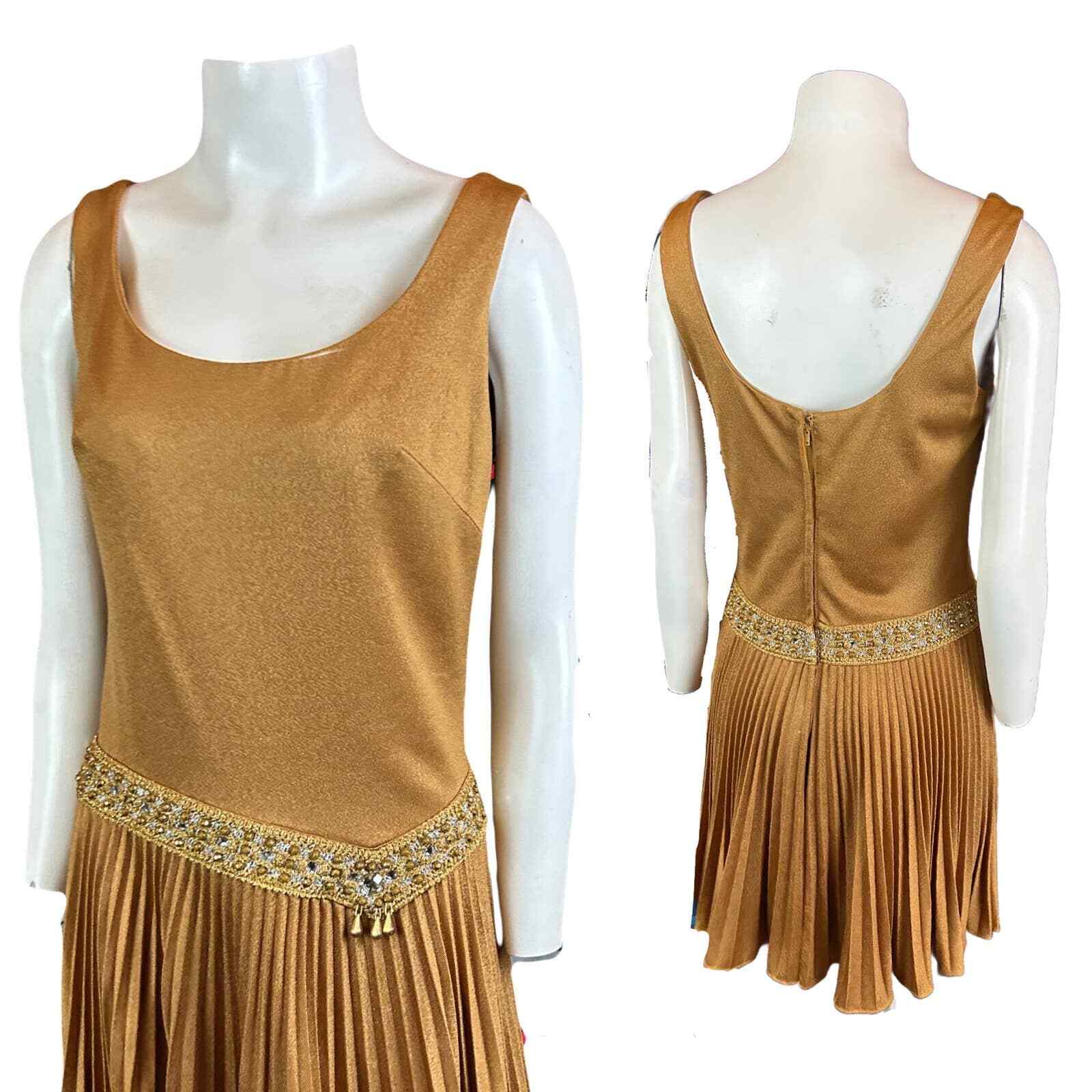 1960s Mod Bronze Drop Waist Pleated Dress Flapper Thr… Gem